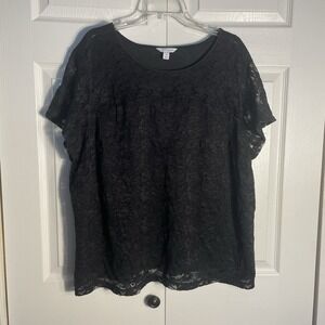 Boutique+ Shirt Women 3X Black Lace Sheer‎ Lined Short Sleeve Whimsigoth Blouse